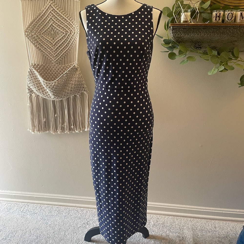 Navy blue and white polka dots dress